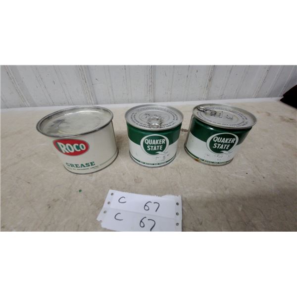 Roco Grease Tin and Two Quaker State Superfine Lubricant Tins, Vintage Automotive Grease Cans 1lb