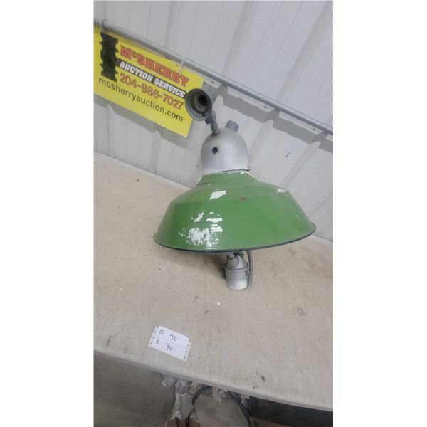 Vintage Green Porcelain Enamel Industrial Service Station Light Fixture with Mounting Arm
