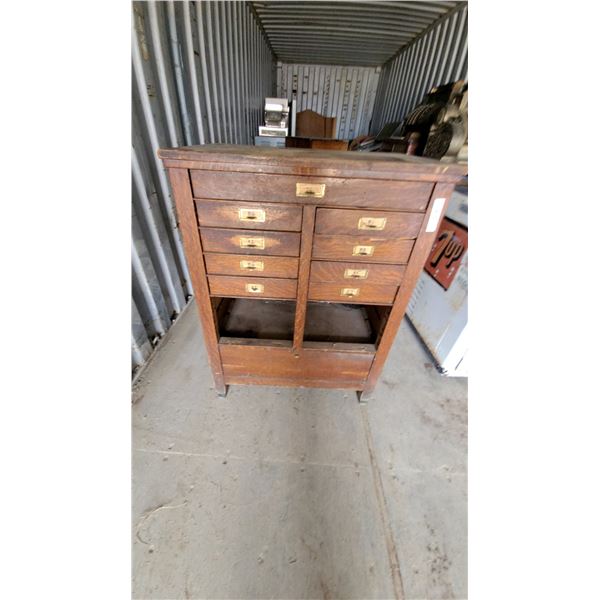 Antique Oak Multi-Drawer Cash Register Cabinet with Brass Label Pulls 42 x 31 x 21"