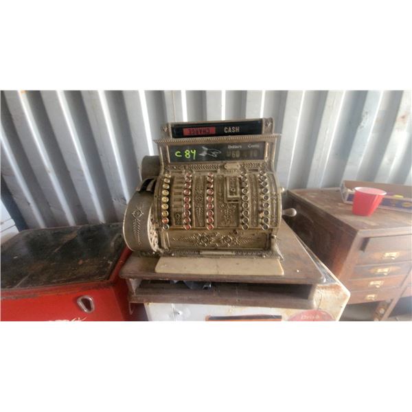 Antique National Cash Register Model 452 with Ornate Brass Case and Wooden Base Missing Drawer