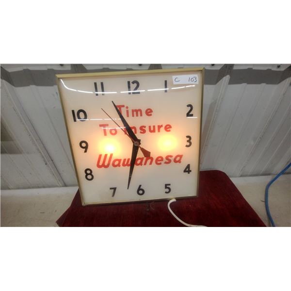 Wawanesa Insurance "Time to Insure" Illuminated Advertising Wall Clock 15 x 15" Vintage Glass Lense