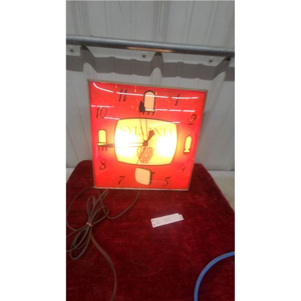 Sylvania Color Bright 85 Lighted Advertising Clock by Canadian Neon-Ray Clock Co. Vintage 15 x 15"