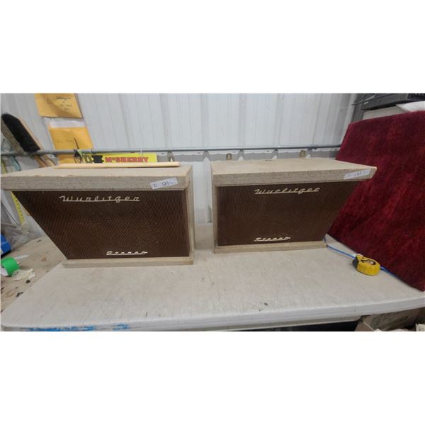 2x Wurlitzer Stereo External Speaker Pair with Brown Grille Cloth Vintage