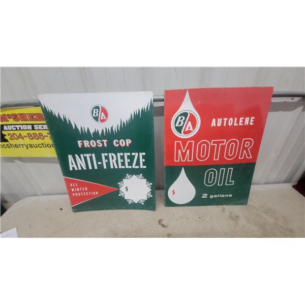 2× Ba Frost Cop Anti-Freeze and Autolene Motor Oil Vintage Advertising Signs Cardboard 17 x 22"