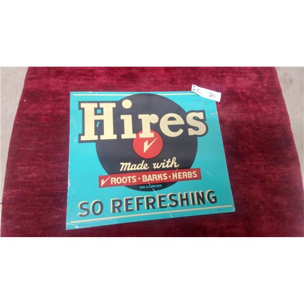 Hires Root Beer "So Refreshing" Embossed Tin Advertising Sign Vintage 13.6 x 11.6"