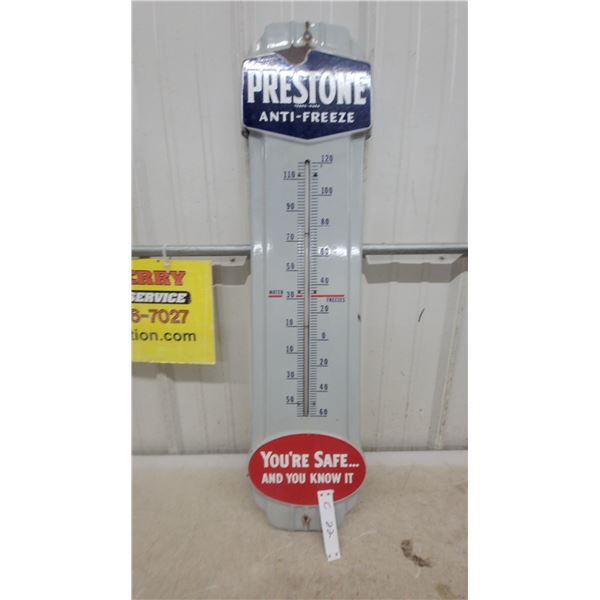 Prestone Anti-Freeze Porcelain Advertising Thermometer, "You're Safe and You Know It" Vintage 9 x