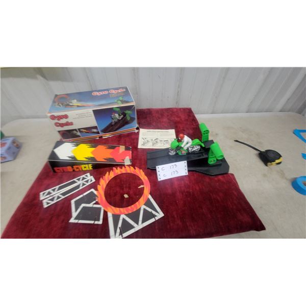 Gyro Cycle Stunt Motorcycle Toy with Ramp, Ring of Fire, and Cardboard Accessories and Box