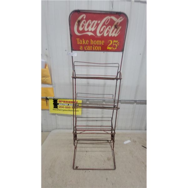 Vintage Coca-Cola Metal Wire Display Rack with "Take Home a Carton 25¢" Sign Sign Size 9.6 x 16"
