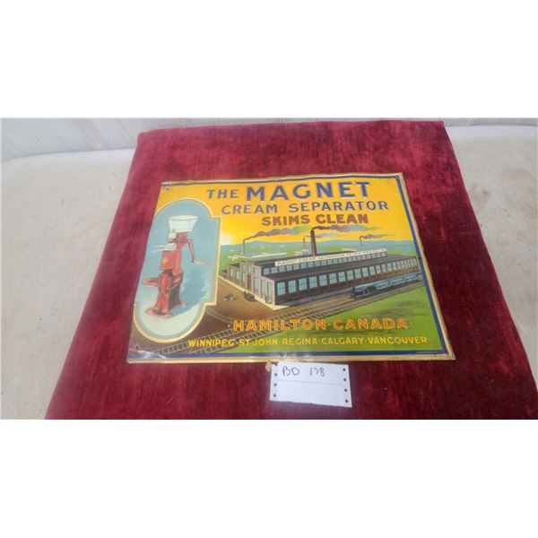 Early 1900s Magnet Cream Separator Embossed Tin Advertising Sign, Petrie Manufacturing Company 18.6