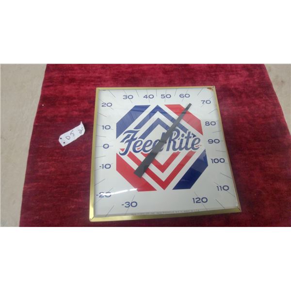 Feed Rite Advertising Thermometer by Pam Clock Co., New Rochelle, New York Vintage 12 x 12" Glass