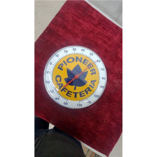 Pioneer Cafeteria Vintage Round Advertising Thermometer with Maple Leaf Logo 12" Diameter Vintage