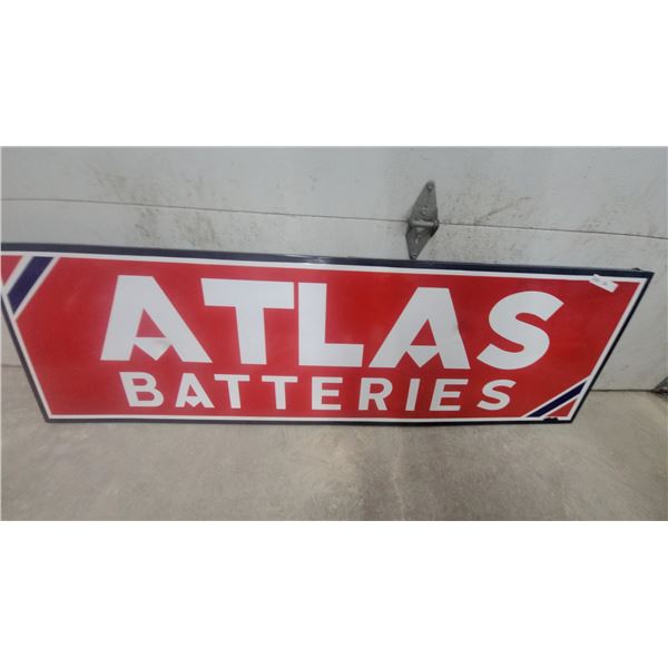 Atlas Batteries Porcelain Enamel Vintage Advertising Sign72 X 22.6" 2 Shallow Dents Onn the A