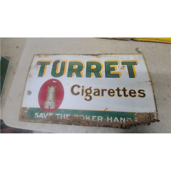 Turret Cigarettes Vintage Porcelain Enamel Advertising Sign 18 x 30"