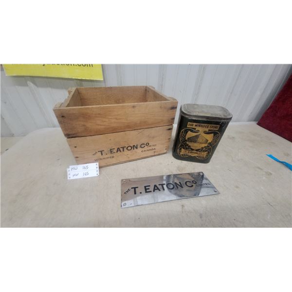 T. Eaton Co. Limited Winnipeg Wooden Crate, Metal Sign, and Tea Tin Canister