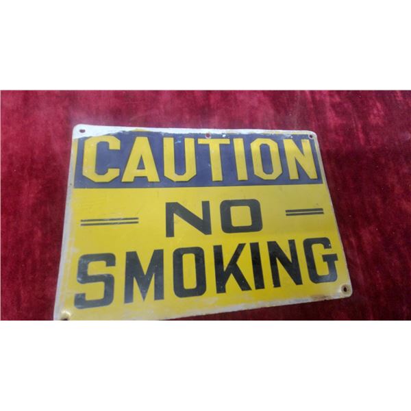 Vintage Metal Embossed"Caution No Smoking" Sign, Yellow and Blue 9 x 7.6"