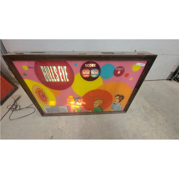 Midway Bull's Eye Arcade Dart Score Board Game Backglass with Wood Frame 33 x 51" Vintage