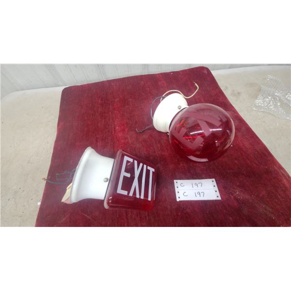 Vintage Ruby Glass Exit Sign Light Fixtures, Lot of Two