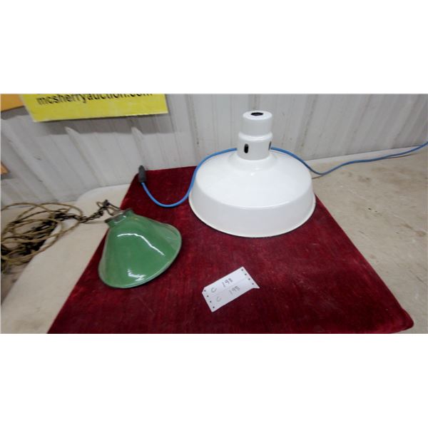 Two Vintage Porcelain Enamel Industrial Pendant Light Shades, Green and White One Wired