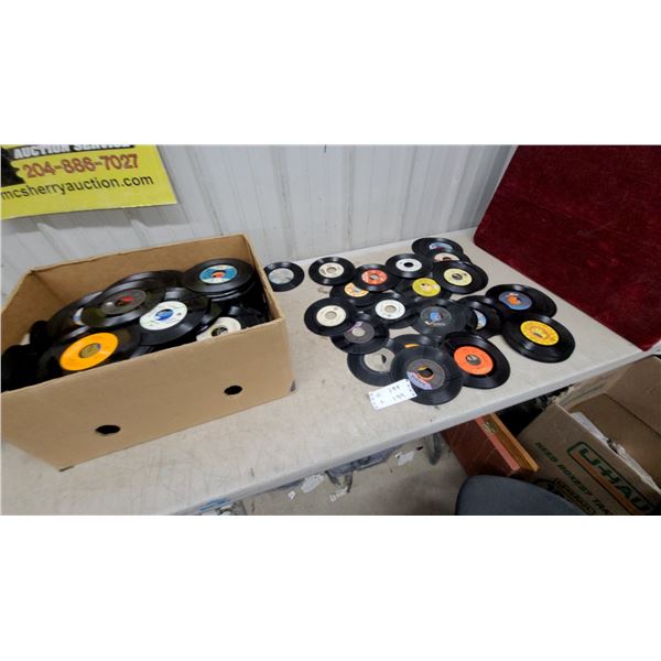 Box of 45 RPM Vinyl Records, Various Artists and Labels Ready for the Juke Box