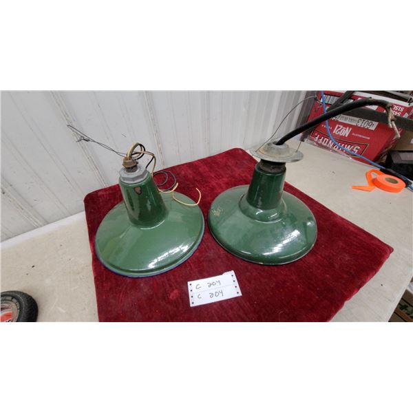 Pair of Vintage Green Porcelain Enamel Industrial Lights 12" Diameter at Base