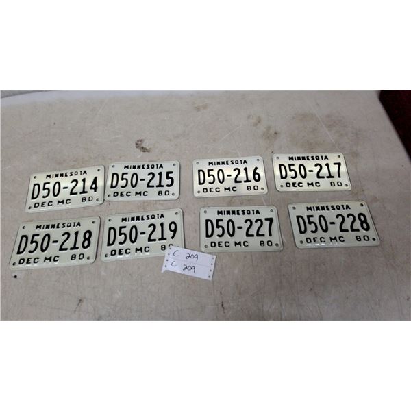 Lot of Eight Minnesota Motorcycle License Plates, December 1980, D50 Series Never Used