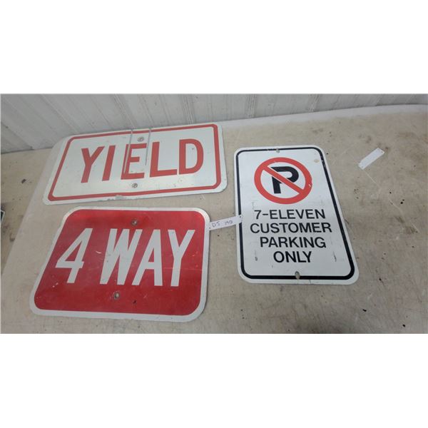 Lot of Three Metal Signs: 4 Way, Yield, and 7-Eleven Customer Parking Only