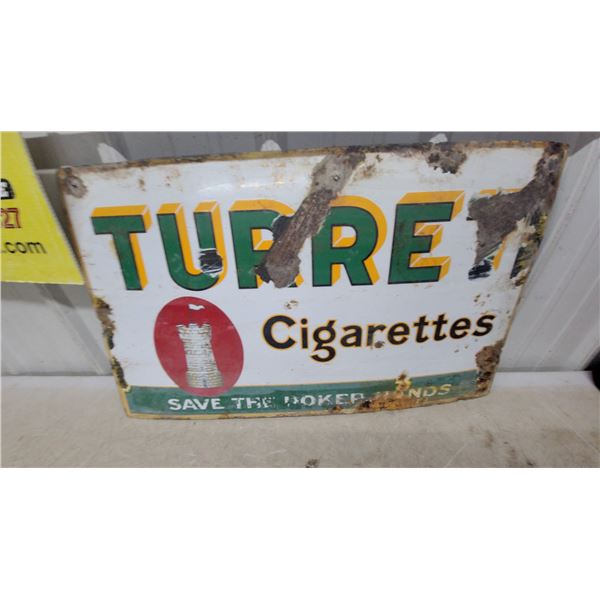 Turret Cigarettes Porcelain Enamel Advertising Sign, Save the Poker Hands 18 x 30"