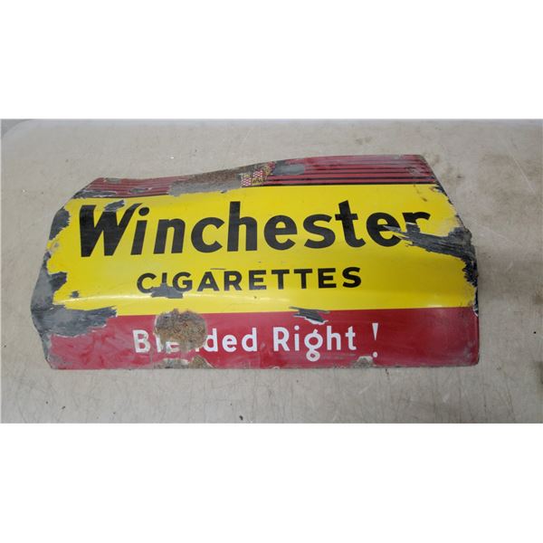 Winchester Cigarettes "Blended Right!" Porcelain Advertising Sign 18 x 30" Has a Bowe to It