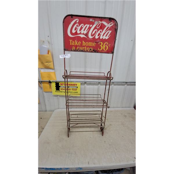 Vintage Coca-Cola Metal Store Display Rack with "Take Home a Carton 36¢" Sign, 9 x 16" and 17 x 48"