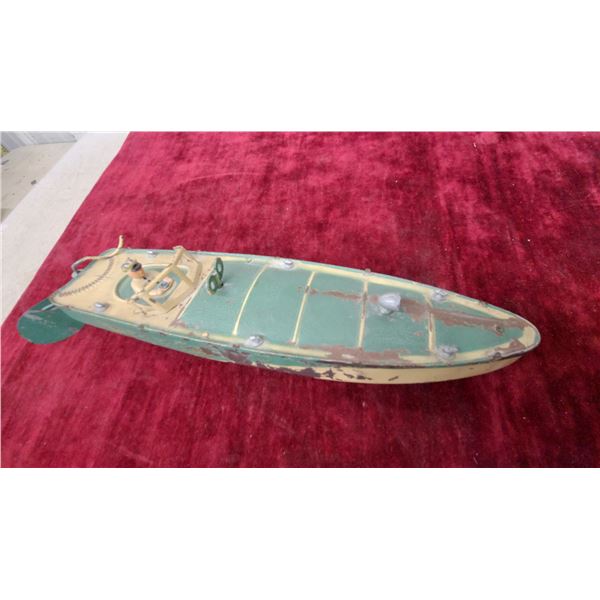Jep Vintage Tin Lithograph Toy Speedboat with Driver Figure and Rudder. Wind up, in Working Order.