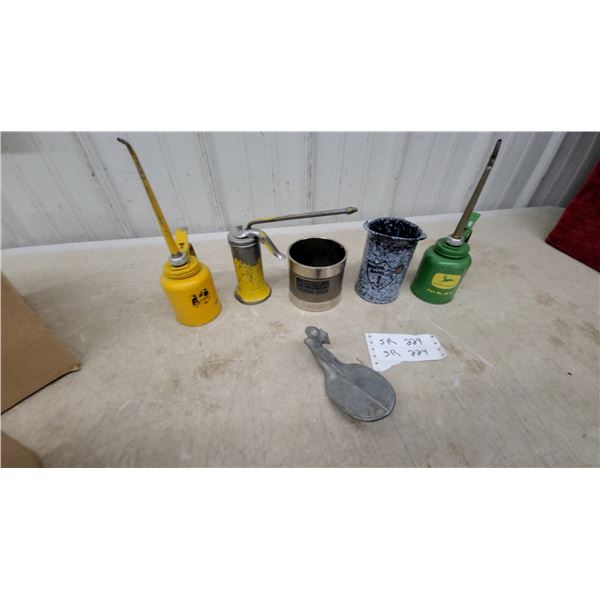John Deere Oil Cans, Graniteware Cup, Ohaus Measure, and Plymouth Hood Ornament 1930s One Wing