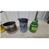 Image 2 : John Deere Oil Cans, Graniteware Cup, Ohaus Measure, and Plymouth Hood Ornament 1930s One Wing