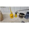 Image 3 : John Deere Oil Cans, Graniteware Cup, Ohaus Measure, and Plymouth Hood Ornament 1930s One Wing