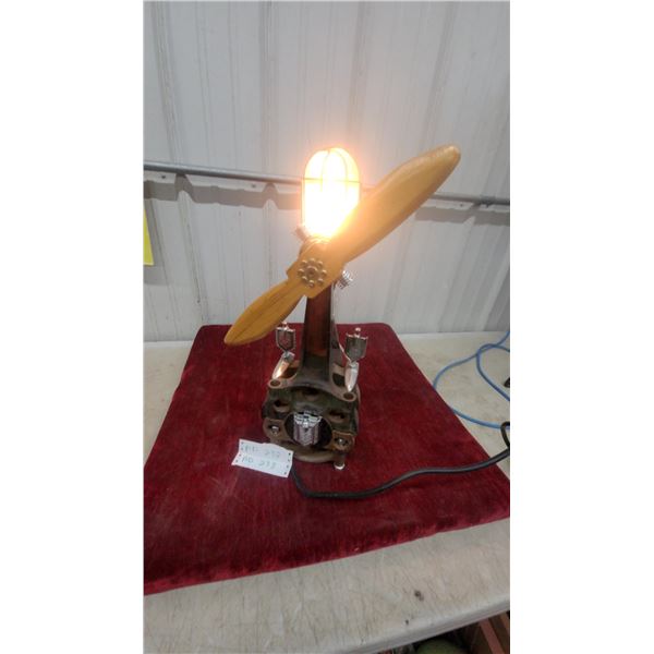 Steam Punk Airplane Connectingrod Repurposed Table Lamp with Wooden Propeller