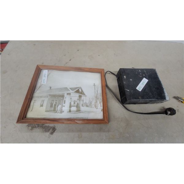 Framed Vintage Skelly Oil Company Gas Station Black and White Photograph and Car Heater