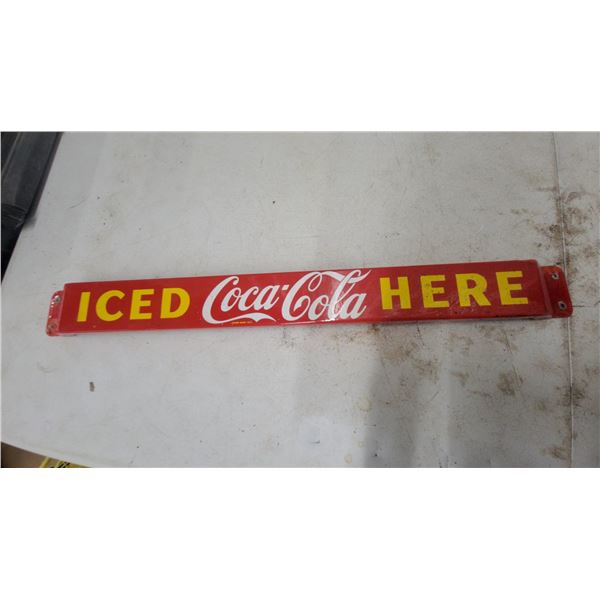 Vintage Porcelain Iced Coca-Cola Here Metal Advertising Door Push Sign 31.6 x 3"