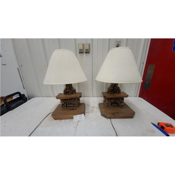 Pair of Rustic Handcrafted Stone Fireplace Table Lamps with Pleated Fabric Shades