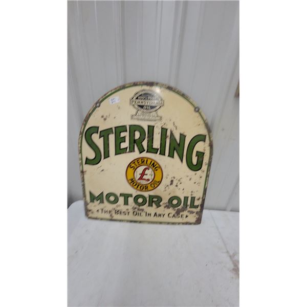 Sterling Motor Oil "The Best Oil in Any Case" Tombstone-Shaped Porcelain Sign 26 x 29" 2 Side Early