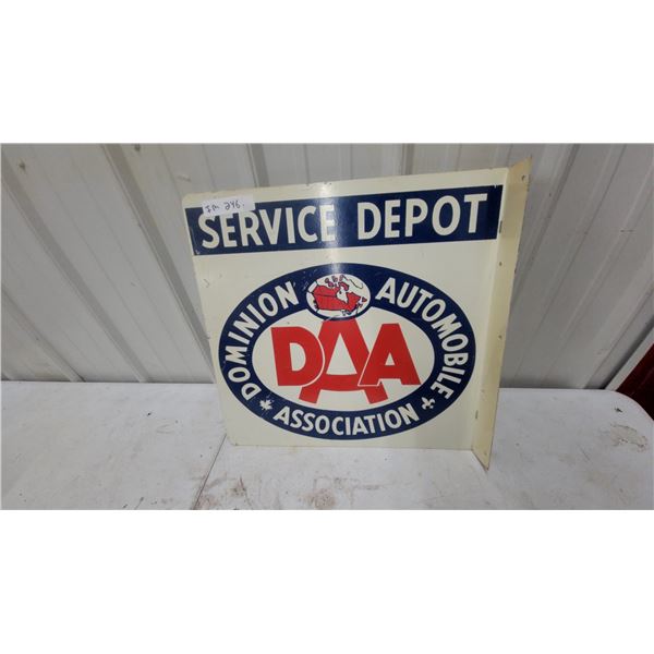 Dominion Automobile Association DAA Service Depot Metal 2 Sided Flange Sign 19.6 x 20" Vintage
