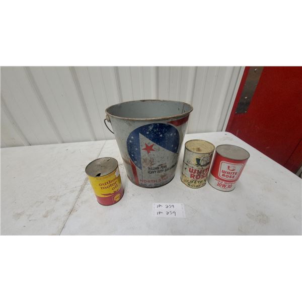 North Star William Penn Gun Lubricant Pail, Shell and White Rose Motor Oil Cans