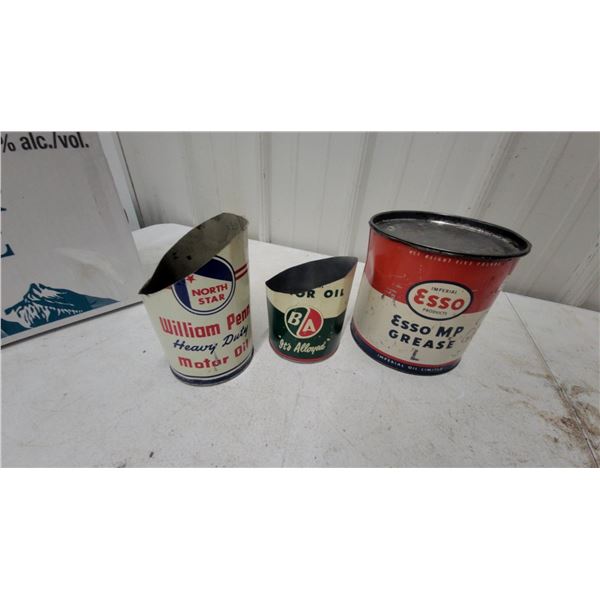 Esso MP Grease, BA Alloyed Motor Oil, and William Penn Heavy Duty Motor Oil Cut down Vintage Cans