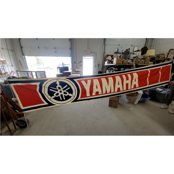 Vintage Yamaha Promotional Cotton Banner with Tuning Fork Logo, Made in Japan 12' Long