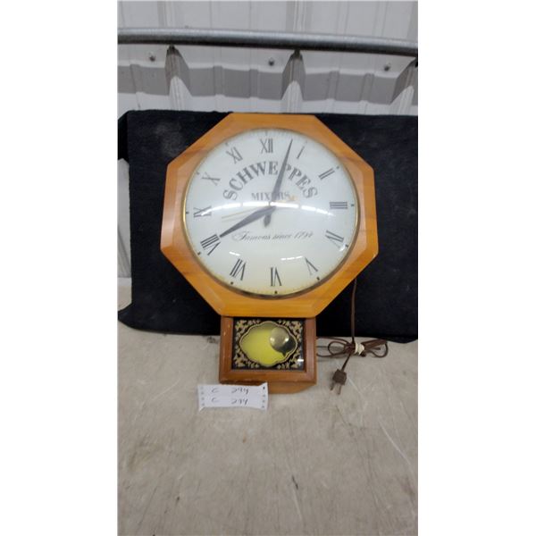 Schweppes Mixers Promotional Electric Wall Clock with Pendulum, Octagonal Wood