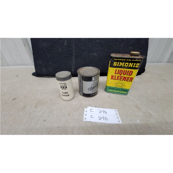 Simoniz Liquid Kleener, Lubriplate 630-AA Grease, and Bowes Seal Fast Tube Repair Cans