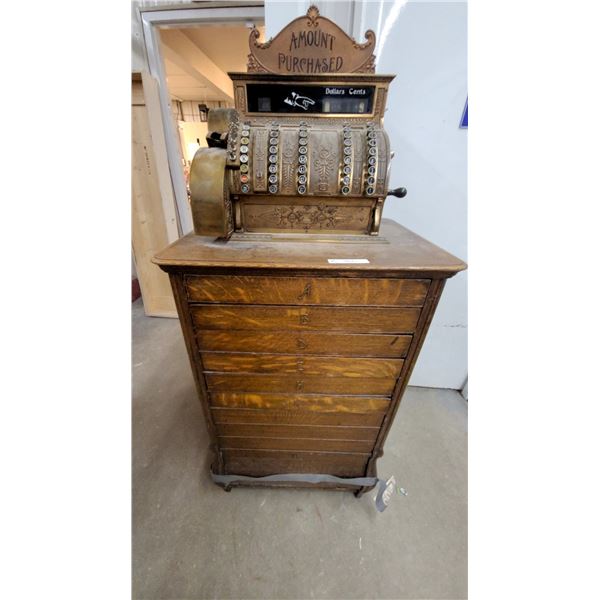 National Cash Register Class 300 Series Brass Register on Oak Six-Drawer Cabinet with Topper Plate
