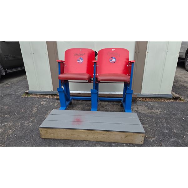 Two Old Winnipeg Arena Seats Autographed by Bobby Hull and Joe Daley. Platform Included.