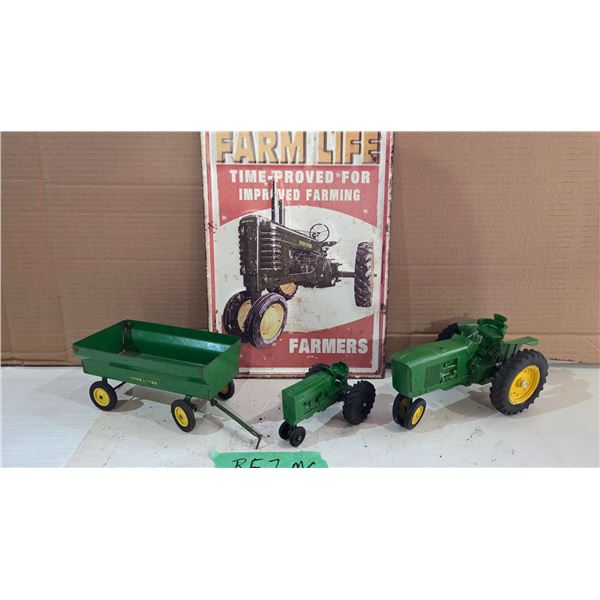 John Deere Antique Sign, 1/6 Scale Tractor, ERTL Tractor, JD 4 Wheel Trailer. Sign 11 in. x 16 in.