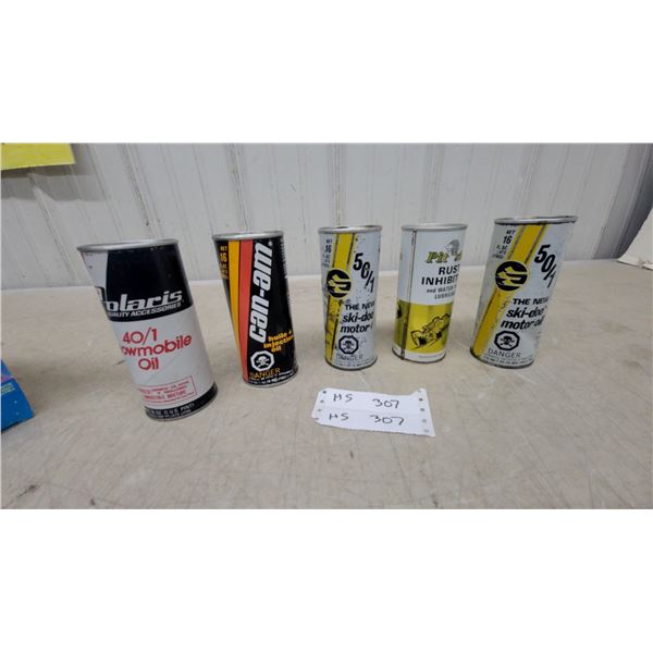 Vintage Polaris, Can-Am, and Ski-Doo Snowmobile Oil Cans 5x with Product