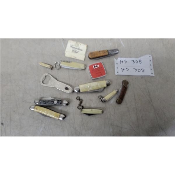 Collection of Vintage Pocket Knives, Kool Cigarettes Keychain, Bottle Opener, and More