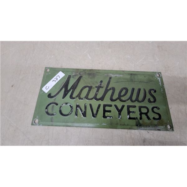 Mathews Conveyers Vintage Green Metal Embissef Advertising Sign8 x 17"